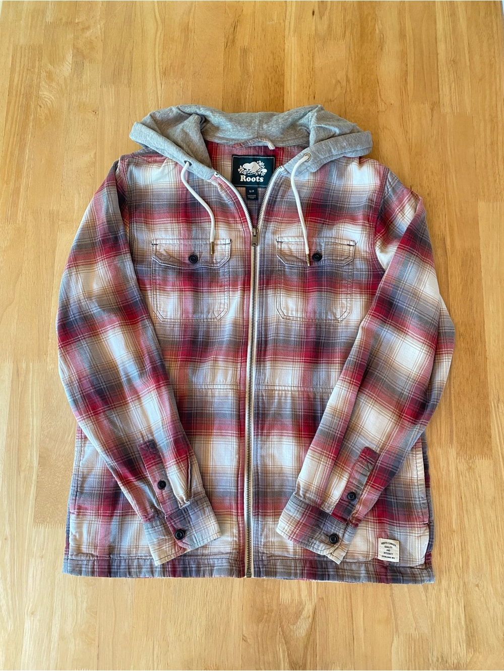 Roots Men’s Hooded Plaid Flannel Zip Jacket in Red/Gray